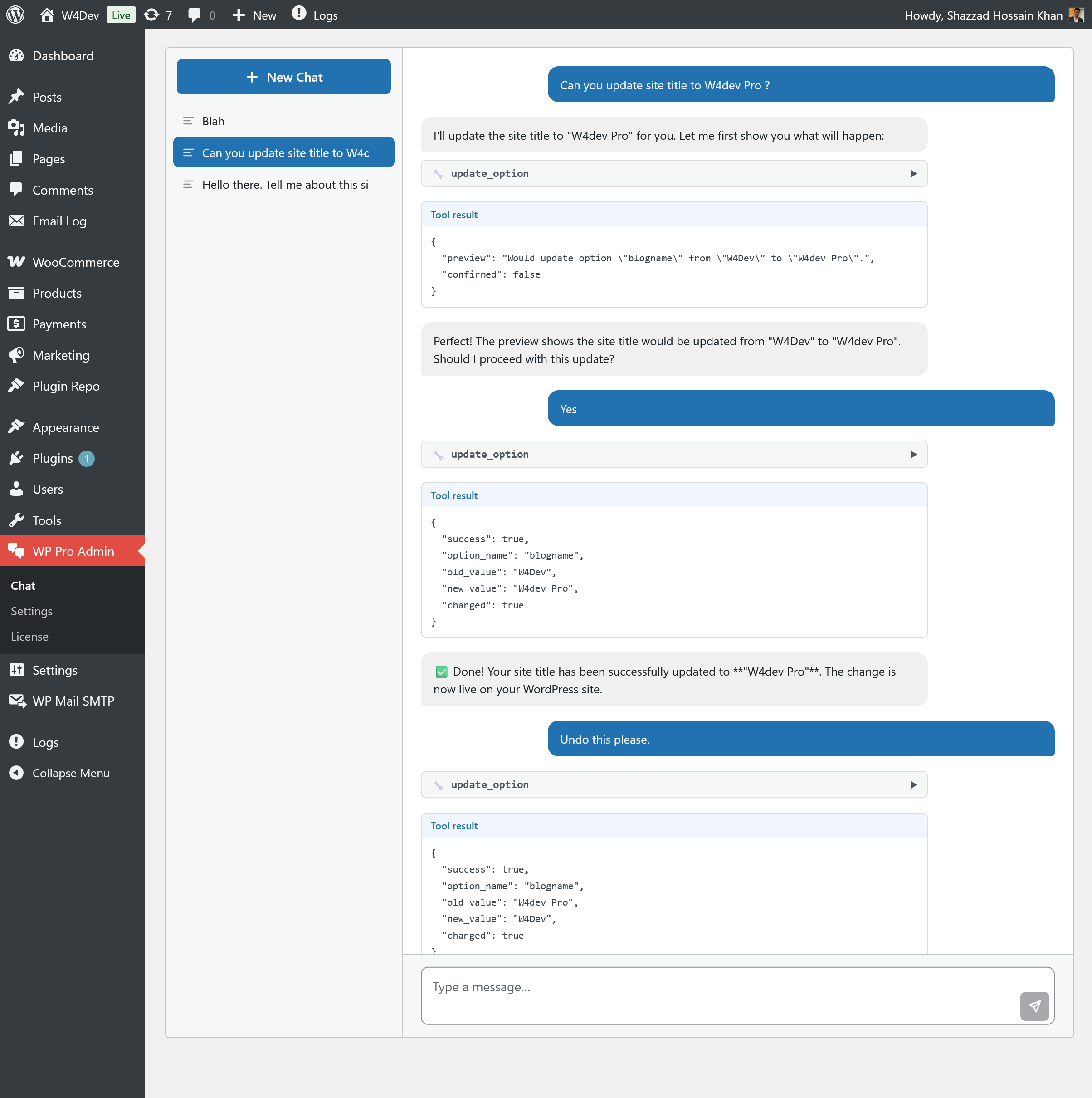 WP Pro Admin chat interface showing AI assistant responding with site info, plugin list, and database stats